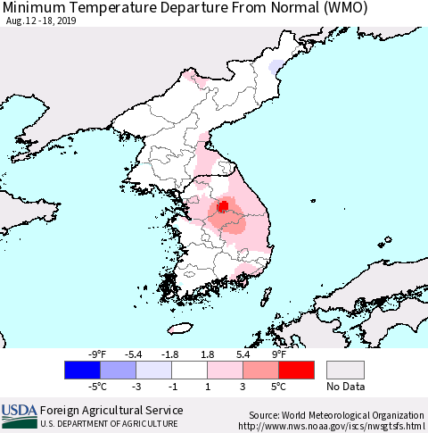 Korea Mean Minimum Temperature Departure from Normal (WMO) Thematic Map For 8/12/2019 - 8/18/2019