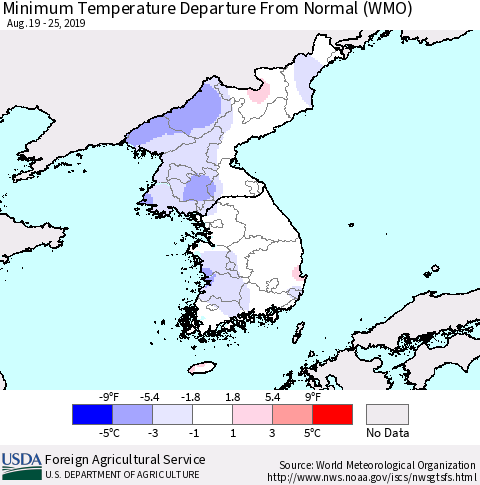Korea Mean Minimum Temperature Departure from Normal (WMO) Thematic Map For 8/19/2019 - 8/25/2019