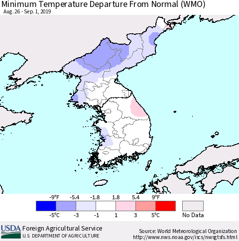 Korea Mean Minimum Temperature Departure from Normal (WMO) Thematic Map For 8/26/2019 - 9/1/2019