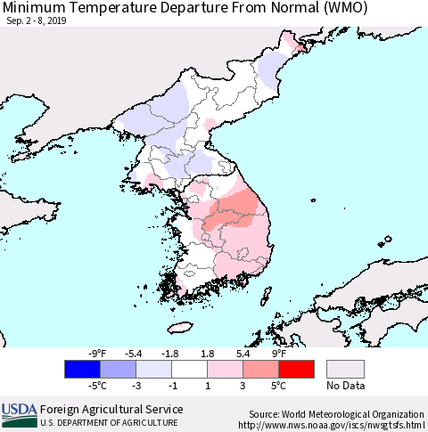 Korea Mean Minimum Temperature Departure from Normal (WMO) Thematic Map For 9/2/2019 - 9/8/2019