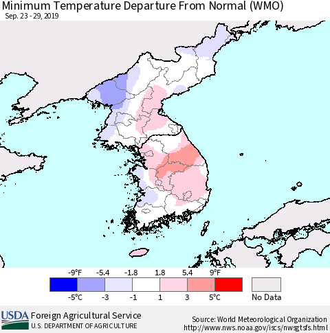 Korea Mean Minimum Temperature Departure from Normal (WMO) Thematic Map For 9/23/2019 - 9/29/2019