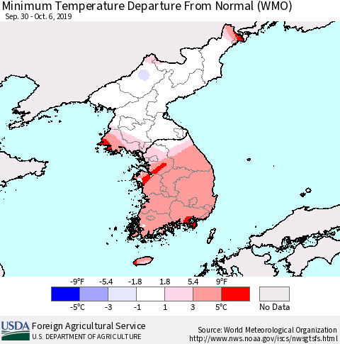 Korea Mean Minimum Temperature Departure from Normal (WMO) Thematic Map For 9/30/2019 - 10/6/2019