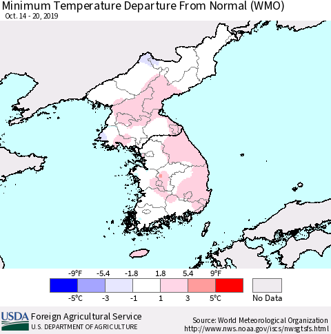 Korea Mean Minimum Temperature Departure from Normal (WMO) Thematic Map For 10/14/2019 - 10/20/2019
