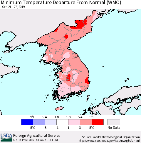 Korea Mean Minimum Temperature Departure from Normal (WMO) Thematic Map For 10/21/2019 - 10/27/2019