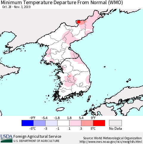 Korea Mean Minimum Temperature Departure from Normal (WMO) Thematic Map For 10/28/2019 - 11/3/2019