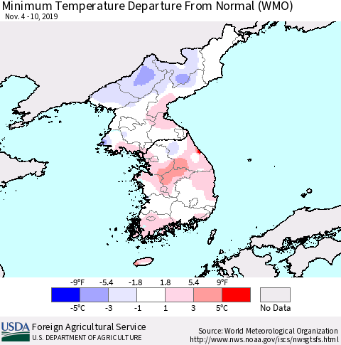 Korea Mean Minimum Temperature Departure from Normal (WMO) Thematic Map For 11/4/2019 - 11/10/2019