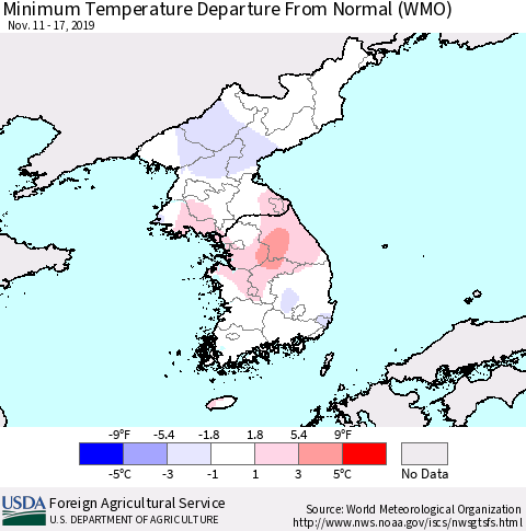 Korea Mean Minimum Temperature Departure from Normal (WMO) Thematic Map For 11/11/2019 - 11/17/2019