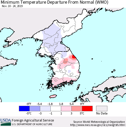 Korea Mean Minimum Temperature Departure from Normal (WMO) Thematic Map For 11/18/2019 - 11/24/2019