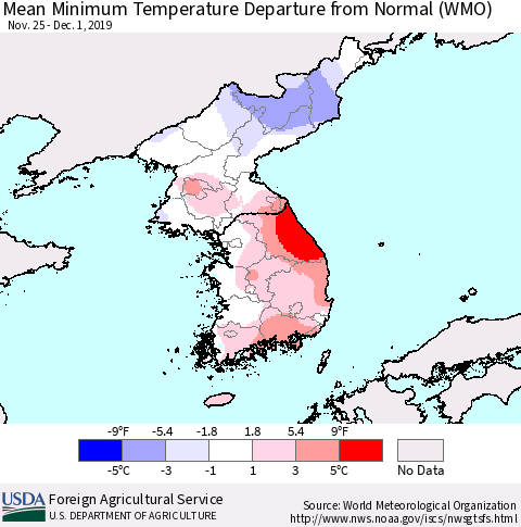 Korea Mean Minimum Temperature Departure from Normal (WMO) Thematic Map For 11/25/2019 - 12/1/2019