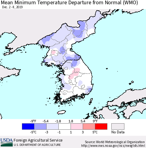 Korea Mean Minimum Temperature Departure from Normal (WMO) Thematic Map For 12/2/2019 - 12/8/2019