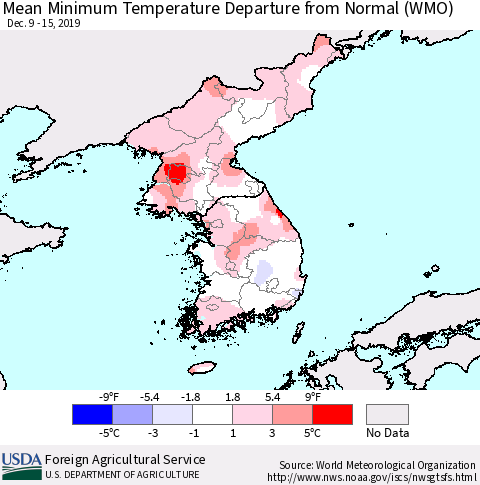 Korea Mean Minimum Temperature Departure from Normal (WMO) Thematic Map For 12/9/2019 - 12/15/2019
