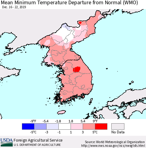 Korea Mean Minimum Temperature Departure from Normal (WMO) Thematic Map For 12/16/2019 - 12/22/2019