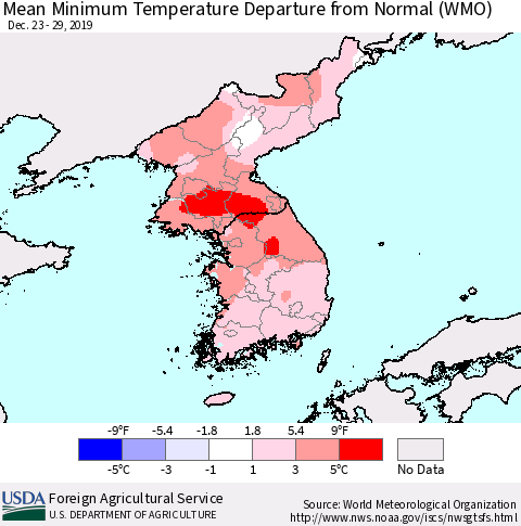Korea Mean Minimum Temperature Departure from Normal (WMO) Thematic Map For 12/23/2019 - 12/29/2019
