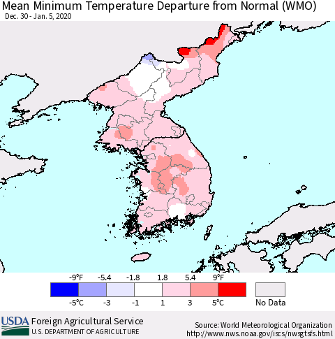 Korea Mean Minimum Temperature Departure from Normal (WMO) Thematic Map For 12/30/2019 - 1/5/2020