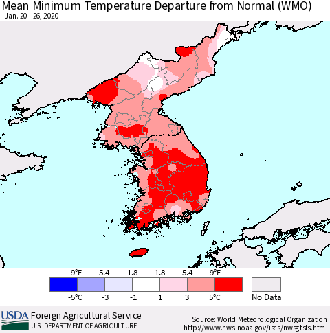 Korea Mean Minimum Temperature Departure from Normal (WMO) Thematic Map For 1/20/2020 - 1/26/2020