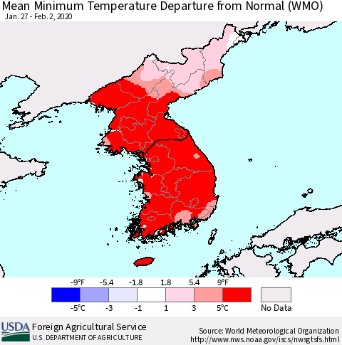 Korea Mean Minimum Temperature Departure from Normal (WMO) Thematic Map For 1/27/2020 - 2/2/2020