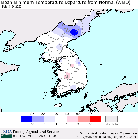 Korea Mean Minimum Temperature Departure from Normal (WMO) Thematic Map For 2/3/2020 - 2/9/2020