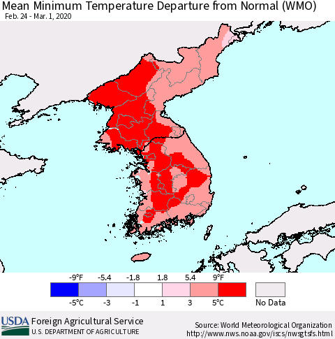 Korea Mean Minimum Temperature Departure from Normal (WMO) Thematic Map For 2/24/2020 - 3/1/2020