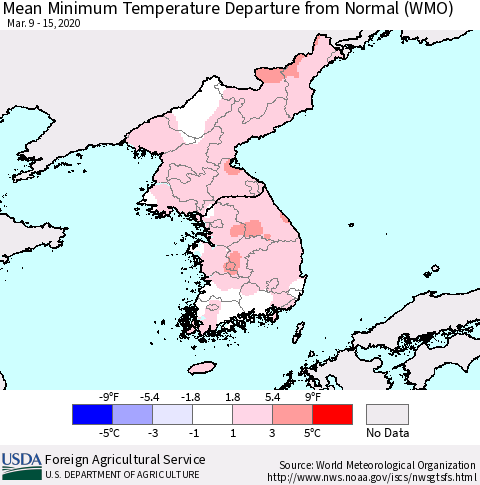 Korea Mean Minimum Temperature Departure from Normal (WMO) Thematic Map For 3/9/2020 - 3/15/2020