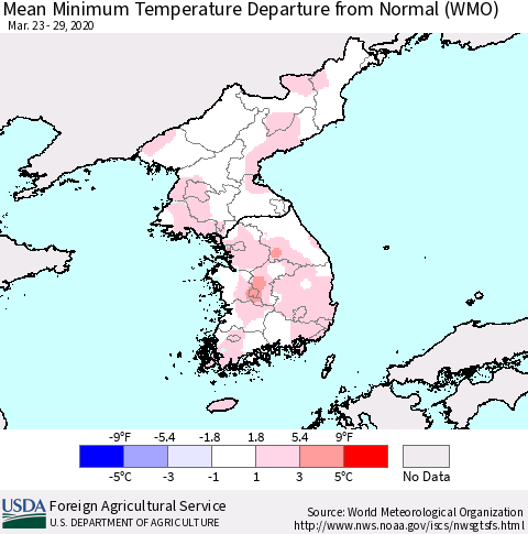 Korea Mean Minimum Temperature Departure from Normal (WMO) Thematic Map For 3/23/2020 - 3/29/2020