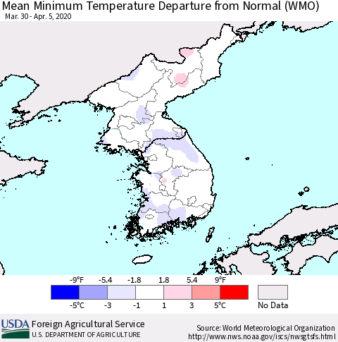 Korea Mean Minimum Temperature Departure from Normal (WMO) Thematic Map For 3/30/2020 - 4/5/2020