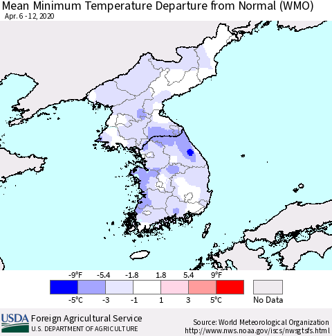 Korea Mean Minimum Temperature Departure from Normal (WMO) Thematic Map For 4/6/2020 - 4/12/2020