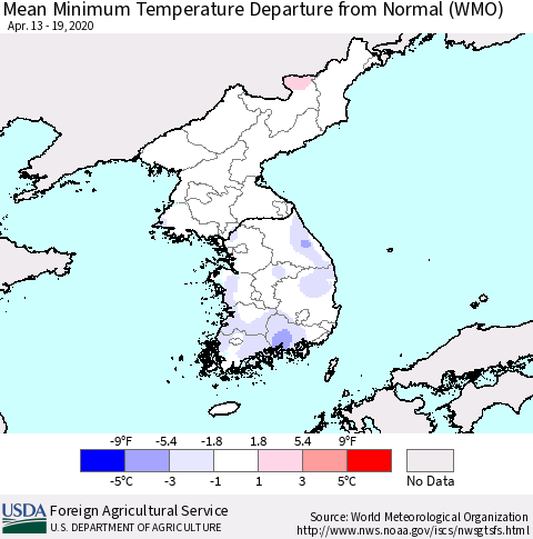 Korea Mean Minimum Temperature Departure from Normal (WMO) Thematic Map For 4/13/2020 - 4/19/2020