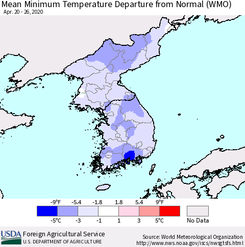 Korea Mean Minimum Temperature Departure from Normal (WMO) Thematic Map For 4/20/2020 - 4/26/2020