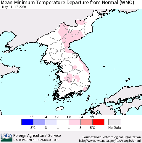 Korea Mean Minimum Temperature Departure from Normal (WMO) Thematic Map For 5/11/2020 - 5/17/2020