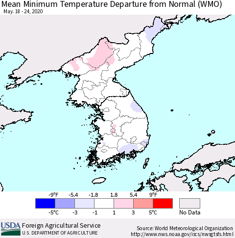 Korea Mean Minimum Temperature Departure from Normal (WMO) Thematic Map For 5/18/2020 - 5/24/2020