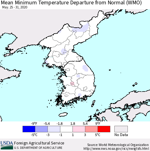 Korea Mean Minimum Temperature Departure from Normal (WMO) Thematic Map For 5/25/2020 - 5/31/2020