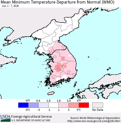 Korea Mean Minimum Temperature Departure from Normal (WMO) Thematic Map For 6/1/2020 - 6/7/2020