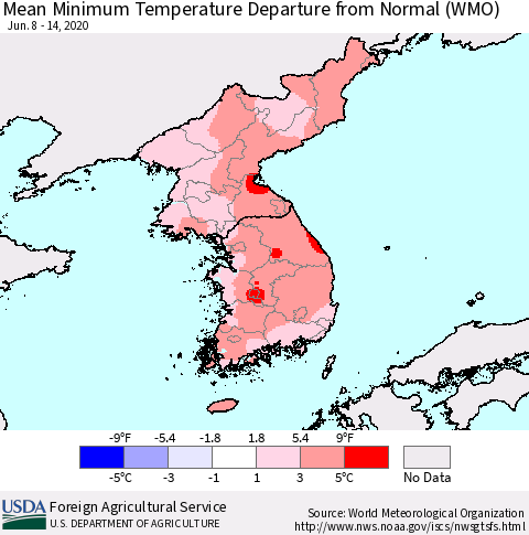 Korea Mean Minimum Temperature Departure from Normal (WMO) Thematic Map For 6/8/2020 - 6/14/2020