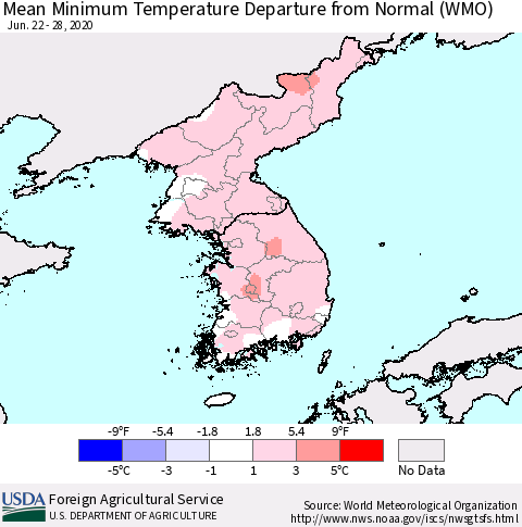 Korea Mean Minimum Temperature Departure from Normal (WMO) Thematic Map For 6/22/2020 - 6/28/2020