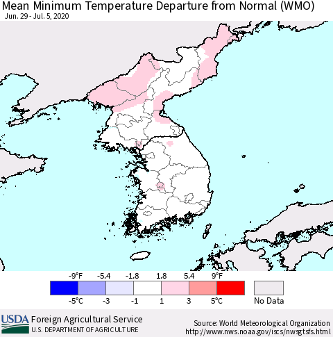 Korea Mean Minimum Temperature Departure from Normal (WMO) Thematic Map For 6/29/2020 - 7/5/2020