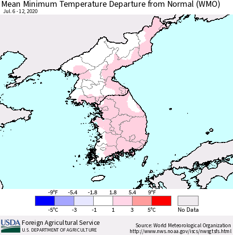 Korea Mean Minimum Temperature Departure from Normal (WMO) Thematic Map For 7/6/2020 - 7/12/2020