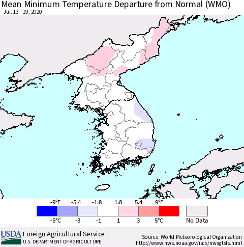Korea Mean Minimum Temperature Departure from Normal (WMO) Thematic Map For 7/13/2020 - 7/19/2020