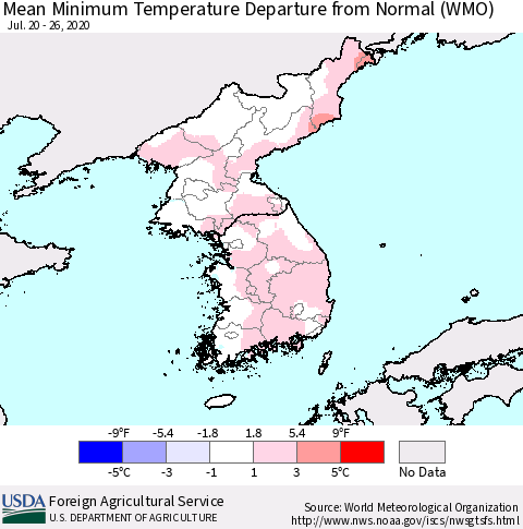 Korea Mean Minimum Temperature Departure from Normal (WMO) Thematic Map For 7/20/2020 - 7/26/2020