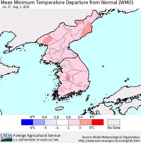 Korea Mean Minimum Temperature Departure from Normal (WMO) Thematic Map For 7/27/2020 - 8/2/2020