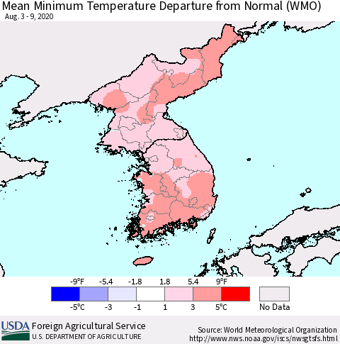 Korea Mean Minimum Temperature Departure from Normal (WMO) Thematic Map For 8/3/2020 - 8/9/2020