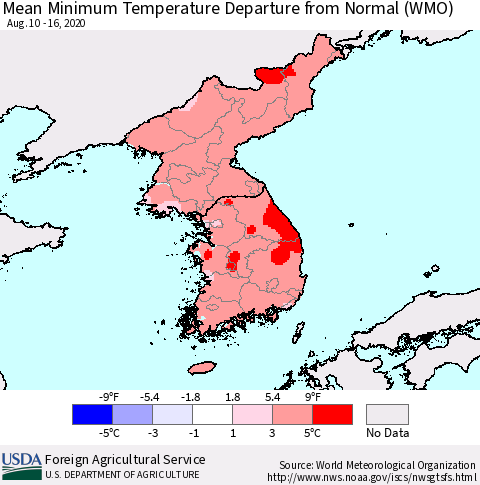 Korea Mean Minimum Temperature Departure from Normal (WMO) Thematic Map For 8/10/2020 - 8/16/2020