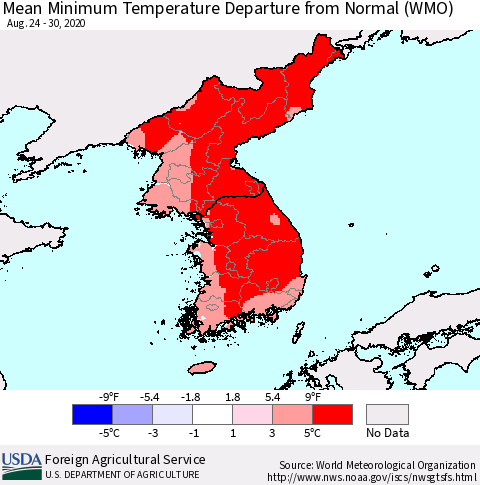 Korea Mean Minimum Temperature Departure from Normal (WMO) Thematic Map For 8/24/2020 - 8/30/2020