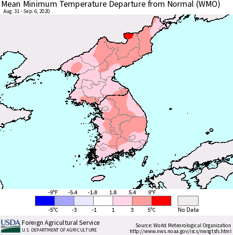 Korea Mean Minimum Temperature Departure from Normal (WMO) Thematic Map For 8/31/2020 - 9/6/2020