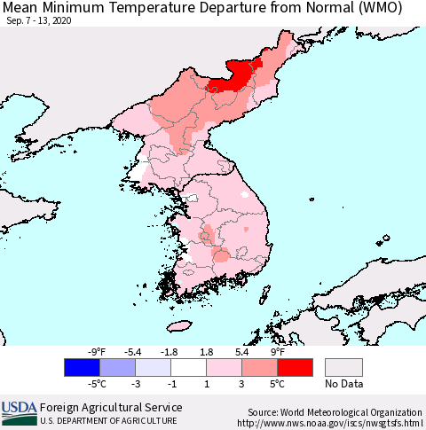 Korea Mean Minimum Temperature Departure from Normal (WMO) Thematic Map For 9/7/2020 - 9/13/2020