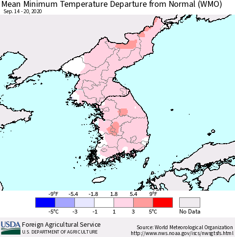 Korea Mean Minimum Temperature Departure from Normal (WMO) Thematic Map For 9/14/2020 - 9/20/2020