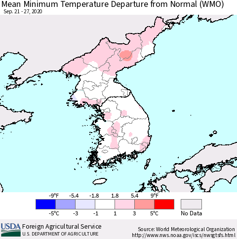 Korea Mean Minimum Temperature Departure from Normal (WMO) Thematic Map For 9/21/2020 - 9/27/2020
