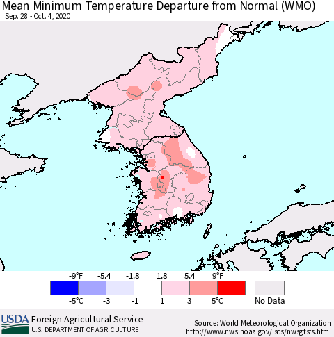 Korea Mean Minimum Temperature Departure from Normal (WMO) Thematic Map For 9/28/2020 - 10/4/2020