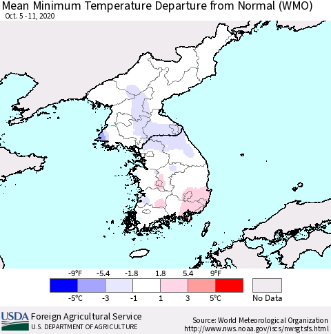 Korea Mean Minimum Temperature Departure from Normal (WMO) Thematic Map For 10/5/2020 - 10/11/2020