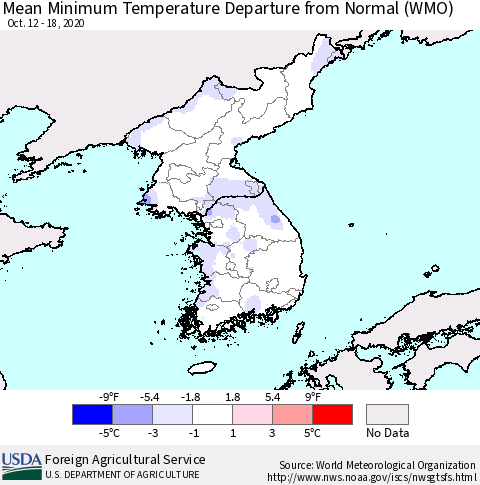 Korea Mean Minimum Temperature Departure from Normal (WMO) Thematic Map For 10/12/2020 - 10/18/2020