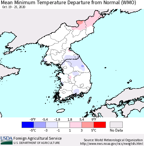 Korea Mean Minimum Temperature Departure from Normal (WMO) Thematic Map For 10/19/2020 - 10/25/2020